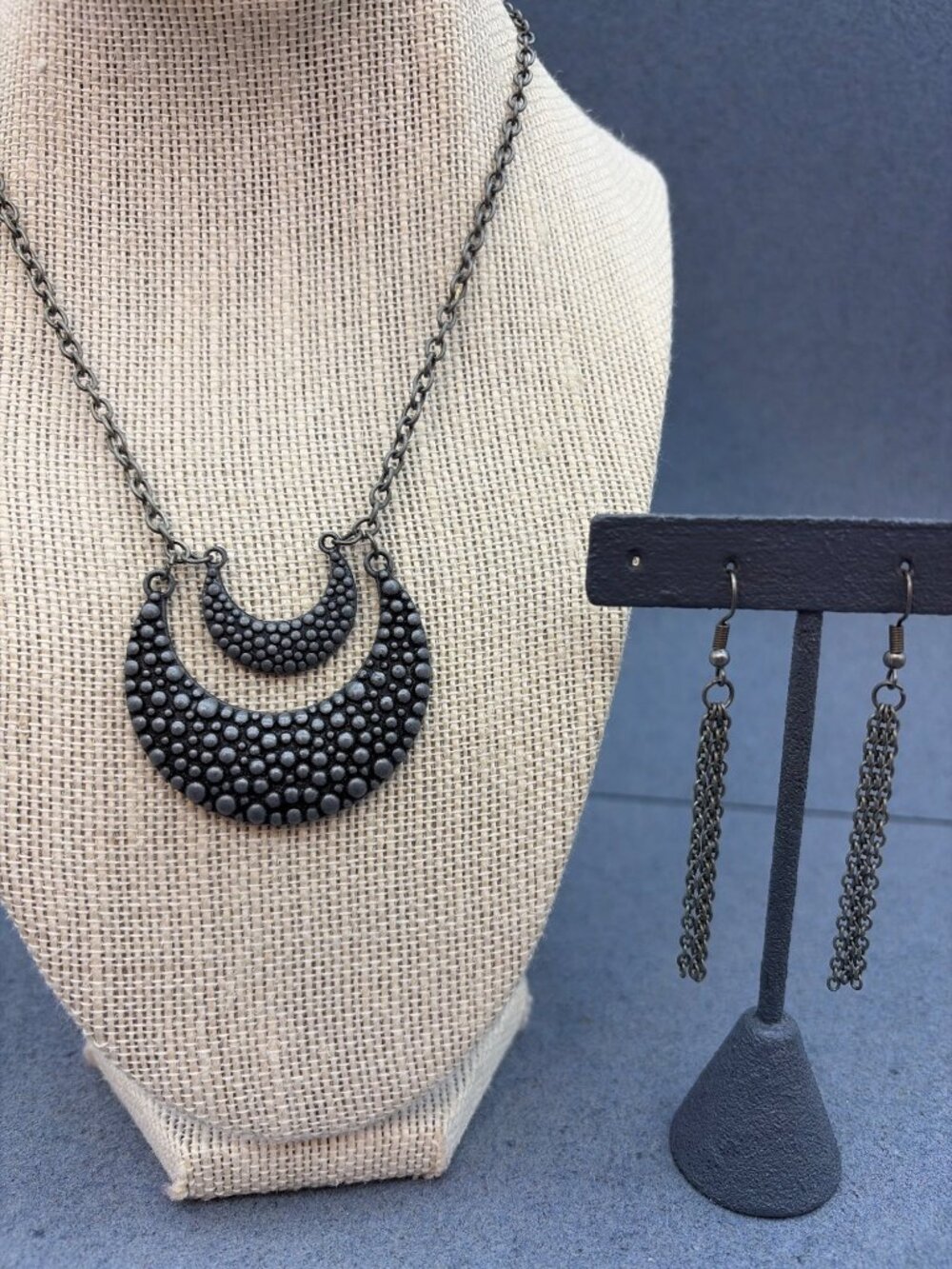 Crescent Moon Necklace Dangle Earrings 16 In Antiqued Silver Chain Textured